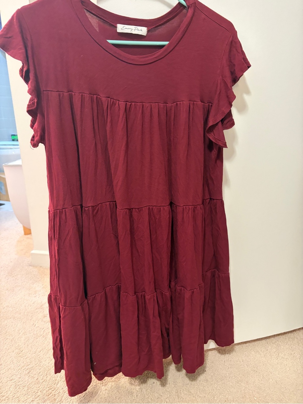 emory park Burgundy Tiered Ruffle Sleeve Mini Dress